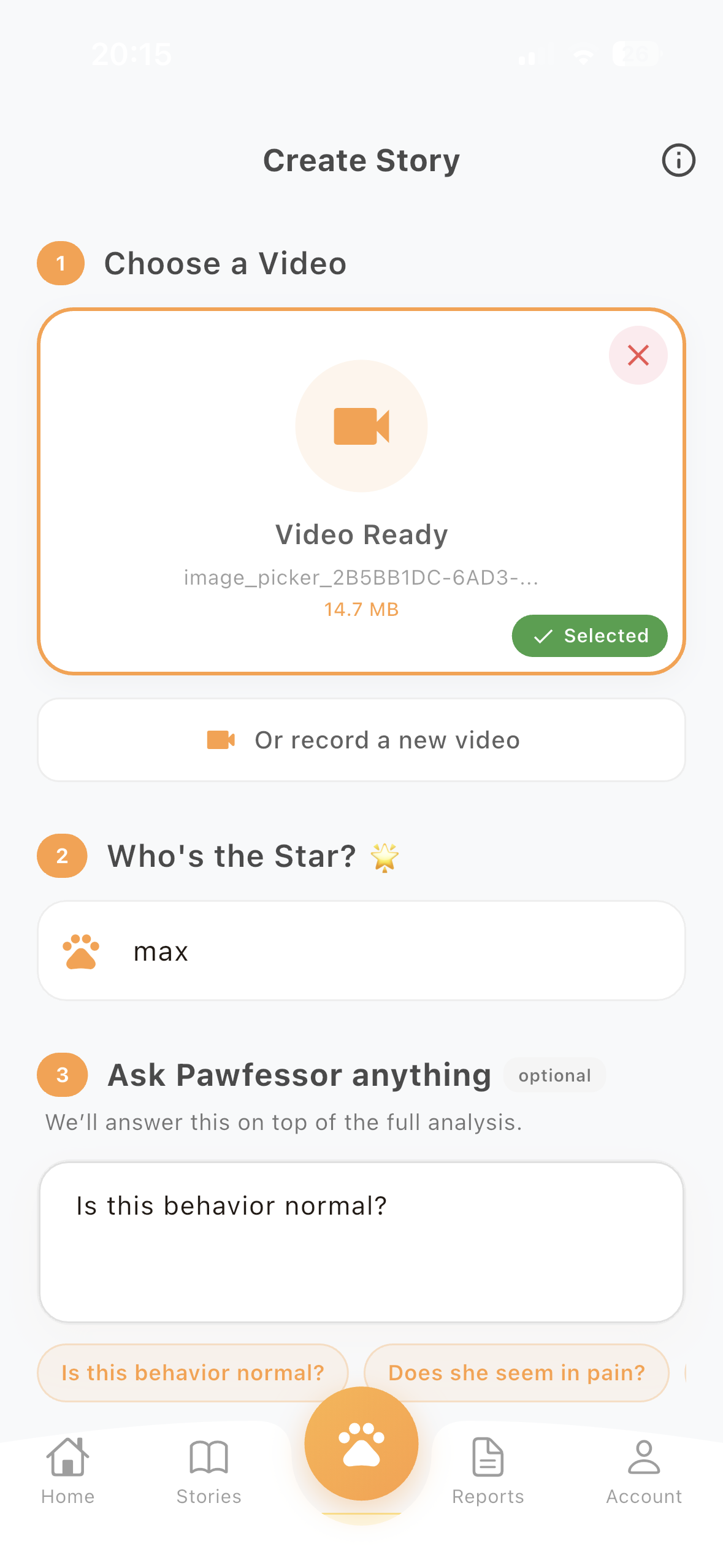Pawfessor upload screen for photo or video of a dog